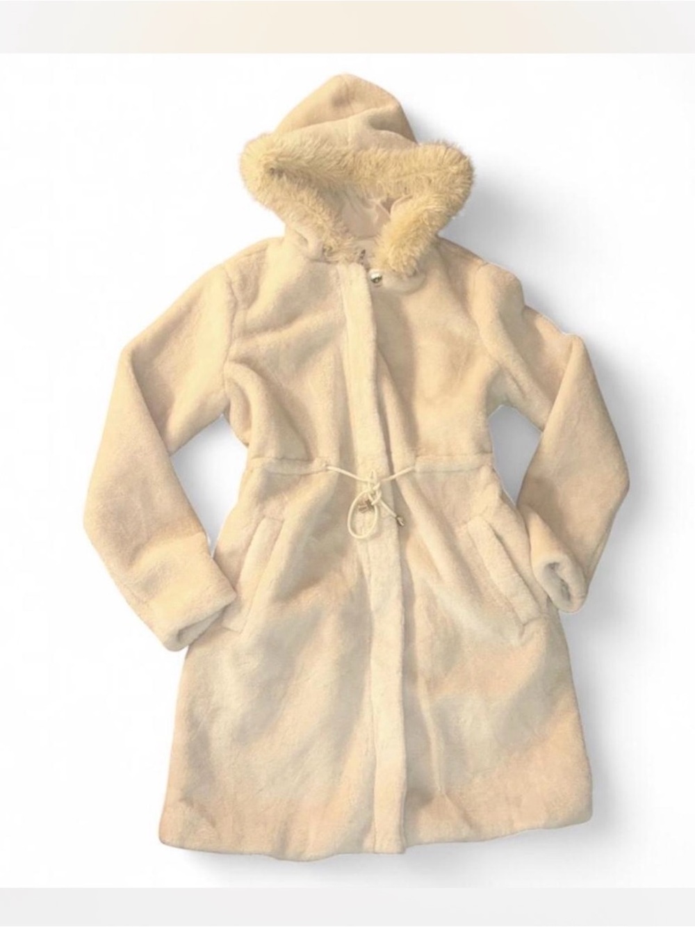 Cozy Cream Faux Fur Hooded Teddy Coat with Drawstring Waist